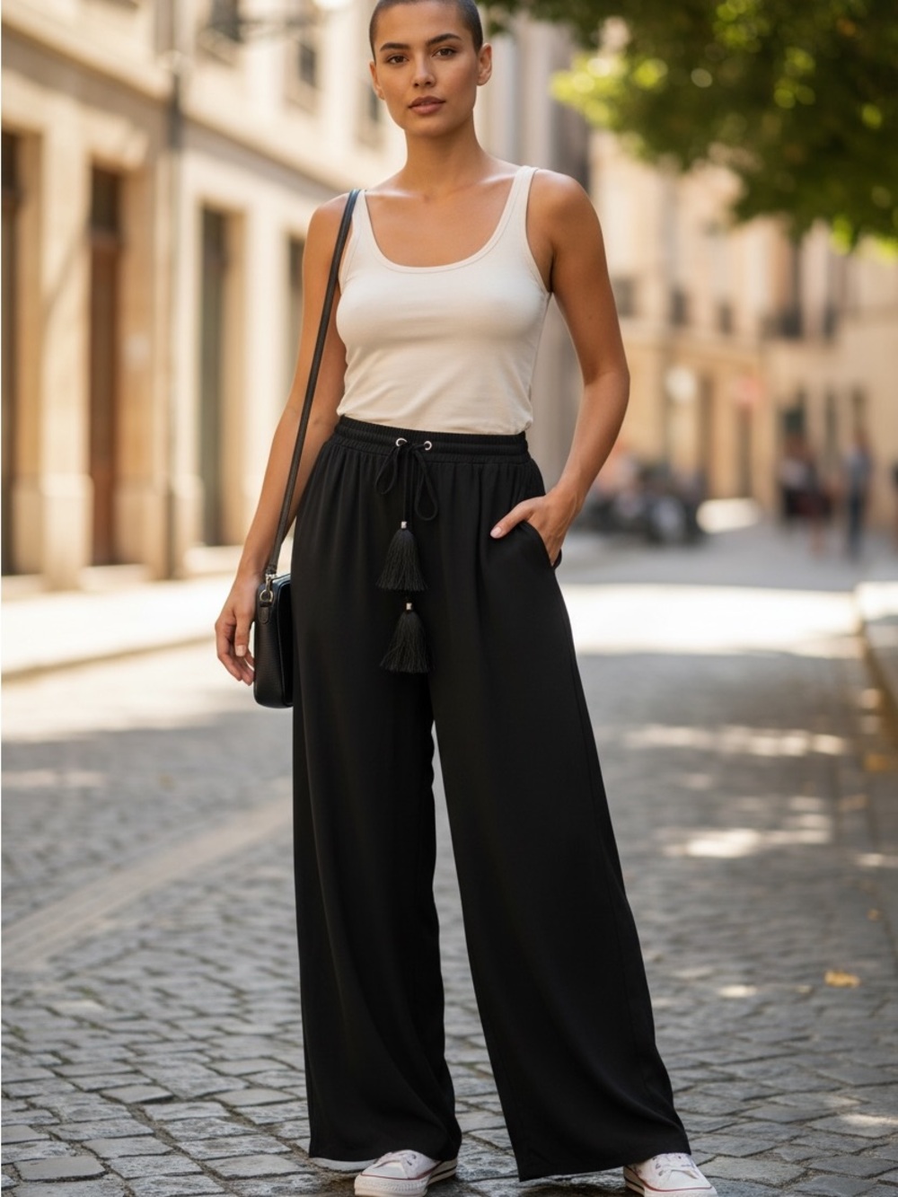 NY Collection Black Wide-Leg Drawstring Pants with Tassels
